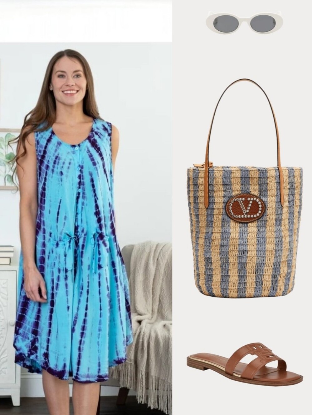 Just Cruising Sleeveless Tie-Dye V-Neck Beach Dress Aqua & Purple Rayon Breezy - Picture 6 of 14